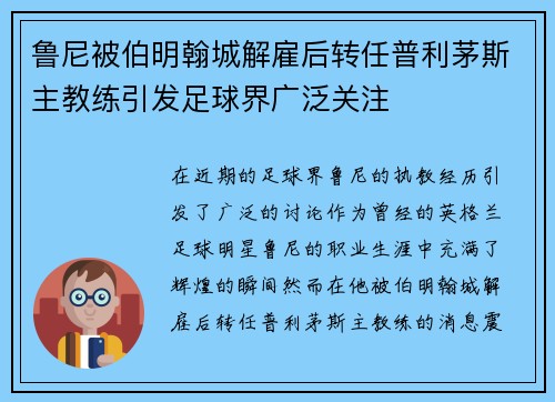 鲁尼被伯明翰城解雇后转任普利茅斯主教练引发足球界广泛关注