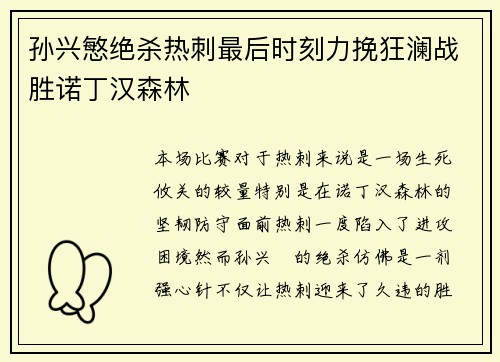 孙兴慜绝杀热刺最后时刻力挽狂澜战胜诺丁汉森林
